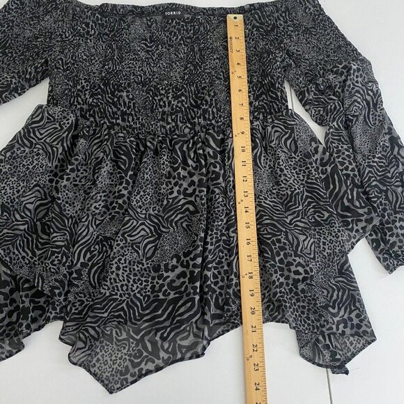 Torrid Smocked Blouse Size 2X Black Mesh Blouse Top Tulle Peplum Flare Sleeve - Picture 10 of 11